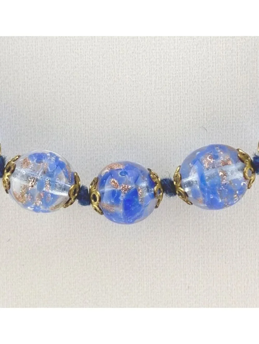 Vintage Blue Venetian Murano Glass Foil Beaded Necklace with Gold Tone Clasp 24